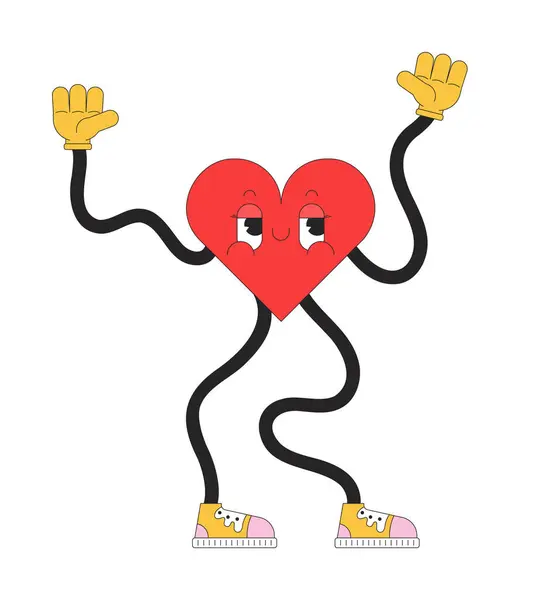 Retro Funky Heart Wavy Arms Legs Linear Cartoon Character Dancing — Stock Vector