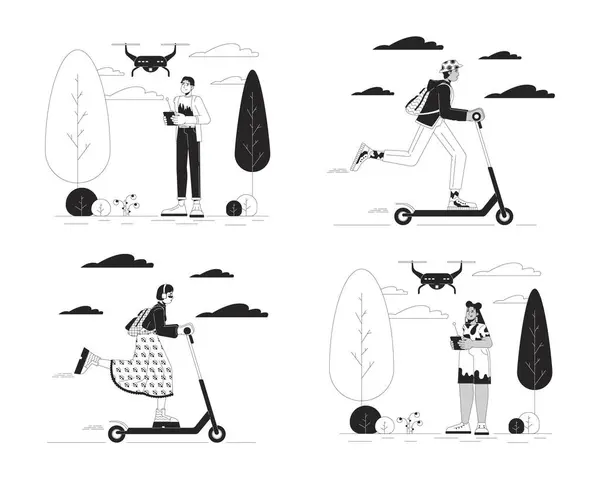 Tecnologia Vida Cotidiana Desenhos Animados Preto Branco Conjunto Ilustrações Planas — Vetor de Stock