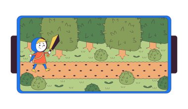 2D doğrusal çizgi film nesnesinde atari macera oyunu. Kılıçlı şövalye. Mobil mmorpg izole çizgi vektör elemanı beyaz arkaplan. Platform seviyesi. Akıllı telefon RPG renk düz nokta illüstrasyonu