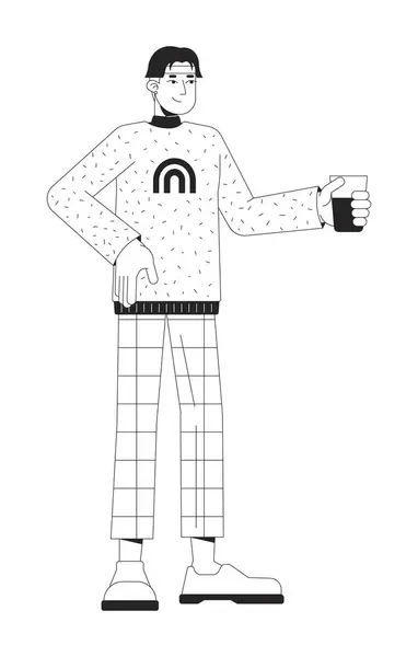 Cheerful Asian Man Holding Drink Black White Line Cartoon Character Royalty Free Stock Illustrations