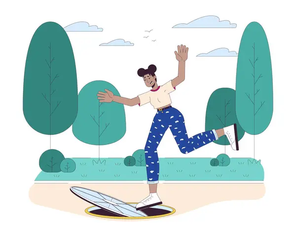 African American Woman Falling Sewer Line Cartoon Flat Illustration Black — Stockový vektor