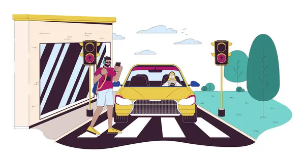 Crossing Jalan Garis Lampu Merah Kartun Datar Ilustrasi Pria Kulit Grafik Vektor