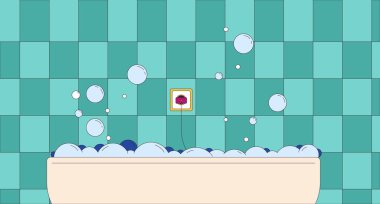 Köpüklü su karikatürleriyle dolu küvetin üzerindeki oyuk düz çizim. Banyo 2B 'de tehlikeli ekipmanlar var. İç dekorasyon çok renkli. Ev yapımı sahne vektörü hikaye anlatımında elektrik çarpması tehlikesi