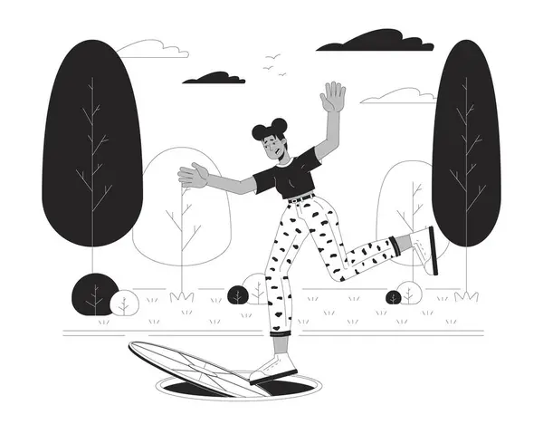 African American Woman Falling Sewer Black White Cartoon Flat Illustration — Stockvektor