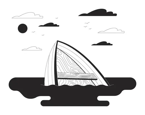 Nehirde Boğulan Tekne Siyah Beyaz Çizgi Film Düz Çizim Hat Stok Illüstrasyon