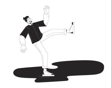 Beyaz adamın ıslak zemine düşmesinden korkan siyah beyaz çizgi film karakteri. Avrupalı erkek, su birikintisi izole vektör anahatlı kişide kayıyor. Kaza monokromatik düz nokta çizimi