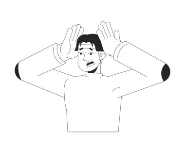 Duygusal Asyalı adam siyah-beyaz çizgi film karakteri sıktı. Koreli erkek, panik atak geçirmiş, izole edilmiş vektör hatları var. Ruh sağlığı sorunları monokromatik düz nokta çizimi