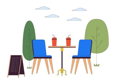 Açık kafe konfor çizgisi düz çizim. Açık hava oturma alanında içkiler ve sandalyeler olan masa. Beyaz arka planda izole edilmiş 2D çizgi ürünleri. Yaz restoranı sahne vektör rengi