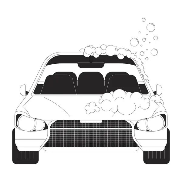 Mencuci Mobil Dengan Busa Hitam Dan Putih Line Objek Kartun - Stok Vektor