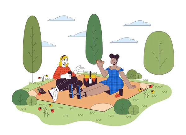 Ditambah Ukuran Wanita Multirasial Pada Piknik Garis Kartun Ilustrasi Datar - Stok Vektor
