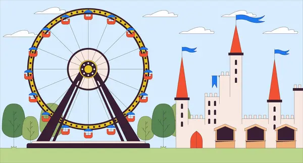 Atraksi Taman Hiburan Kartun Ilustrasi Datar Roda Ferris Dan Istana - Stok Vektor