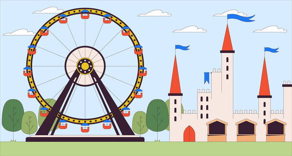 Amusement park attractions cartoon flat illustration. Ferris wheel and fairy tale castle 2D line landscape colorful background. Theme park for children and adults scene vector storytelling image