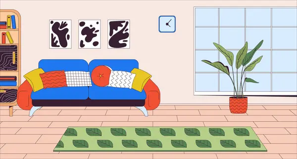 Cozy Dilengkapi Ruang Tamu Kartun Datar Ilustrasi Pengaturan Perabotan Rumah - Stok Vektor