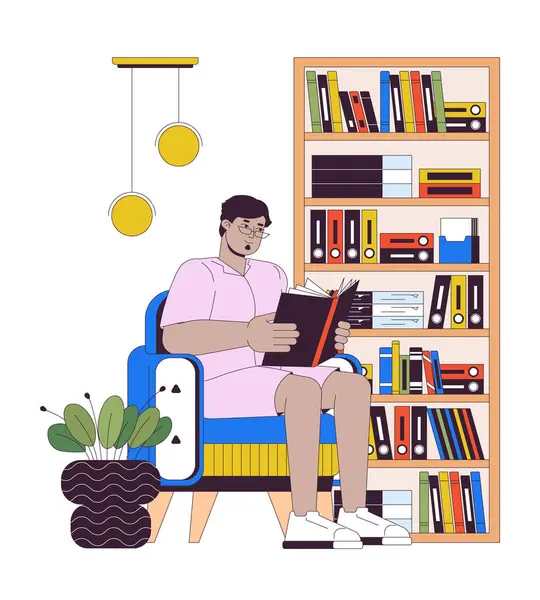 Obese Arab Pria Membaca Buku Garis Rumah Kartun Ilustrasi Datar - Stok Vektor