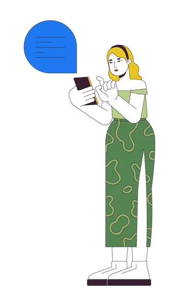 Ditambah Ukuran Perempuan Kaukasia Menggunakan Ponsel Karakter Kartun Linear Wanita - Stok Vektor