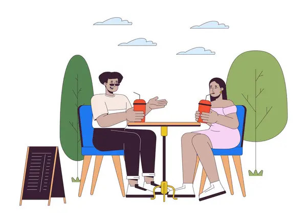 Diverse Pasangan Ditambah Ukuran Orang Kafe Baris Kartun Datar Ilustrasi - Stok Vektor