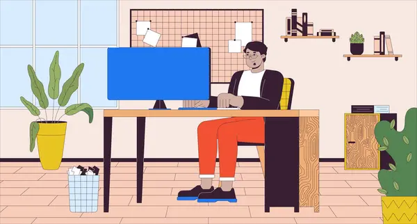 Pria Arab Dengan Obesitas Bekerja Kantor Kartun Datar Ilustrasi Ditambah - Stok Vektor