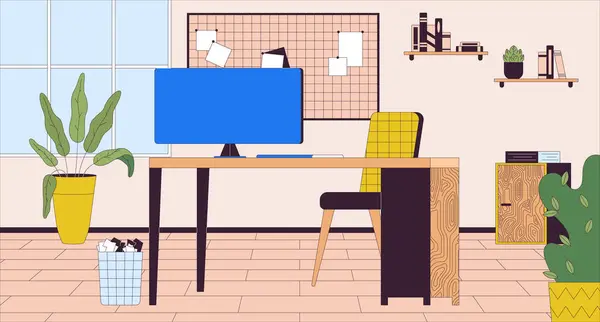 Kantor Tempat Kerja Dengan Gambar Datar Kartun Komputer Meja Karyawan - Stok Vektor