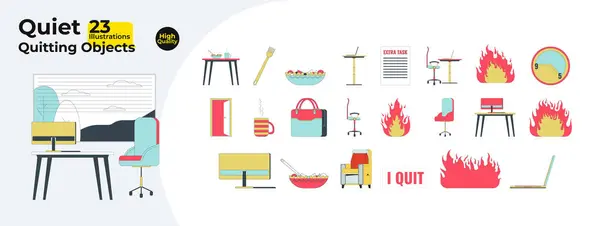 Workplace Culture Linear Cartoon Objects Bundle Burnout Fire Workspace Furniture — Stock Vector