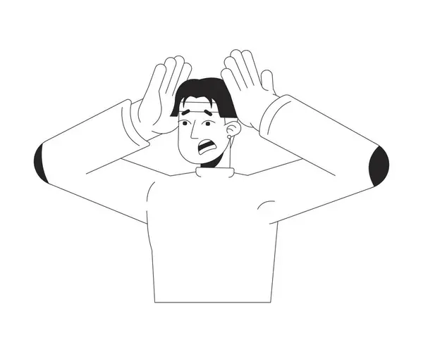 Emotional Asian Man Squeezing Head Black White Line Cartoon Character Royalty Free Εικονογραφήσεις Αρχείου