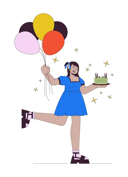 Happy Curvy Hindu Woman Birthday Party Linear Cartoon Character Indian Stok Vektor