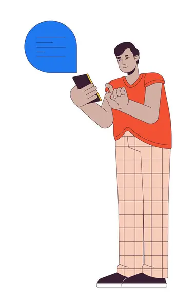 Hindu Man Overweight Holding Smartphone Linear Cartoon Character Sized Indian Stok Vektor Bebas Royalti