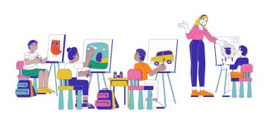 Anaokulu sanat sınıfındaki çocuklar öğretmen 2D çizgi film karakterleri. Çeşitli sanatçılar okul çocukları beyaz arka planda izole edilmiş insanları tuval sehpası ile resmediyor. Benek illüstrasyonu renkli