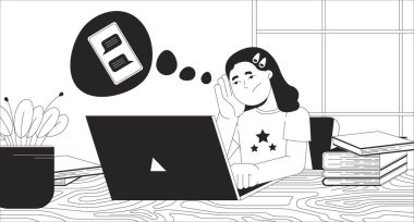 Laptop ödevi yapan üzgün kız öğrenci siyah beyaz çizgiler çiziyor. Akıllı telefon sohbetinin hayalini kuran sıkıcı liseli kız 2D karakter monokrom geçmişi. Uzaktan öğrenme ana hatlı vektör resmi