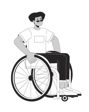 Tekerlekli sandalyedeki adam Latin Amerikalı genç yetişkin siyah beyaz çizgi film karakteri. Stresli engelli erkek izole vektör çizgisi kişisi. Engelli fiziksel engelleri tek renkli nokta resimlemesi