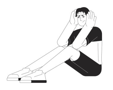 Panik atak geçiren asyalı genç adam siyah beyaz çizgi film karakteri. Hüsrana uğramış Koreli adam vektör hatlarını izole etti. Endişeli gözler erkek öğrenci monokromatik nokta çizimi