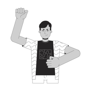 Yumruk, Hintli eylemci siyah-beyaz çizgi film karakteri yetiştirdi. Güney Asyalı protestocu elle pompadan izole edilmiş vektör çizgisi kişisi. Devrim gösterimi tek renkli nokta illüstrasyonuName