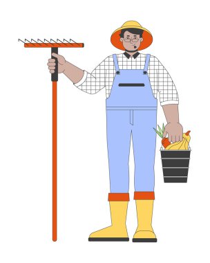 Arap erkek, tırmık ve sebze kovası ile 2D çizgi film karakteri. Kırsal çiftçilik işçisi. Pozitif erkek çiftçi beyaz arka planda izole edilmiş düz taşıyıcı topluyor. Benek illüstrasyonu renkli