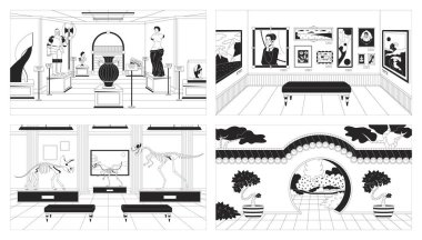 Müzeler, sanat galerileri, siyah-beyaz çizgi çizimleri. Sergi resimleri, 2D iç mekan, tek renkli arkaplan koleksiyonu. Dinozor iskeletleri, tarihi sergiler ana görüntü vektör resimleri