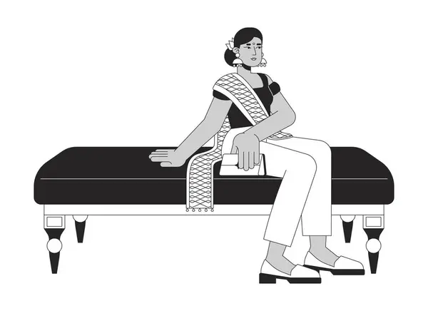 stock vector Hindu woman taking rest on museum seating black and white 2D line cartoon character. Indian lady in indo western isolated vector outline person. Relaxing on bench monochromatic flat spot illustration