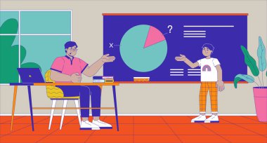 Karatahta düz çizim öğretmeniyle matematik problemi çözen bir öğrenci. Özel öğretmen çocuğun 2B dersini öğrenmesine yardım ediyor. Renkli karakterler. Okul sınıfı sahne vektörü hikaye anlatımı resmi