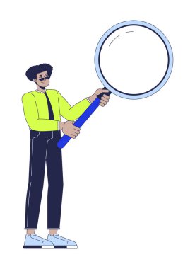 Male office worker with loupe searching 2D cartoon character. Latin american man employee magnifying glass isolated flat vector person white background. Research analysis color spot illustration clipart