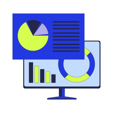 Bilgisayar veri 2D çizgi film nesnesini analiz ediyor. Pasta grafiği. Teknik analitik masaüstü monitörü düz vektör element beyaz arkaplanı izole etti. Piechart bilgi teknolojisi renk çizimi