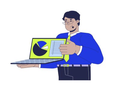 Erkek çalışan dizüstü bilgisayarlı pasta grafiği 2D çizgi film karakteri tutuyor. Arap ofis çalışanı analist düz vektör beyaz arkaplan tespit etti. Veri analizi Satış istatistikleri renk çizelgesi