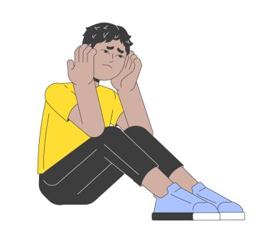 Depresyondaki çocuk Hint çizgi film karakteri. Genç üzgün Güney Asyalı çocuk düz vektör beyaz arka plan. Hüsrana uğramış bir çocuğa sarılmak. Çocukluk travması renk çizelgesi