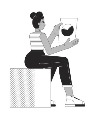 Siyah-beyaz çizgi film karakterini analiz eden Afro-Amerikan kadın. Siyahi kadın analist Piechart 'ı inceliyor. Analitik monokromatik nokta çizimi