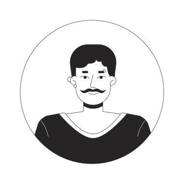 Caucasian piercing man with moustache black and white 2D vector avatar illustration. European male stylish outline cartoon character face isolated. Corporate casual flat user profile image portrait clipart