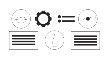 Yüz tanıma sistemi siyah-beyaz 2B hat nesneleri ayarlandı. İnsan yüzü izole edilmiş vektör ana hatları koleksiyonunu tanımla. Kimlik doğrulamasını tara. Yüz biyometriği monokromatik düz nokta çizimleri
