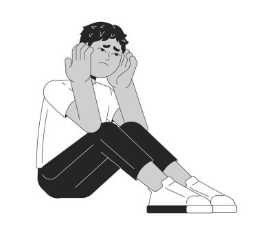 Depresyondaki çocuk Hintli siyah beyaz çizgi film karakteri. Ergen üzgün Asyalı çocuk vektör anahatlarını izole etti. Hüsrana uğramış bir çocuğa sarılmak. Çocukluk travması monokromatik nokta çizimi