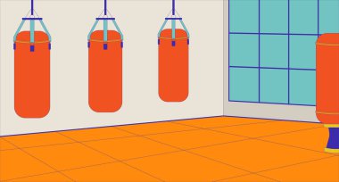 Dövüş sanatları salonu boş çizgi film çizimi. Egzersiz odası. Yumruk torbaları. 2D iç dekorasyon. Kickboks karate antrenman sınıfında. Boks çantaları spor merkezi sahne vektör görüntüsü