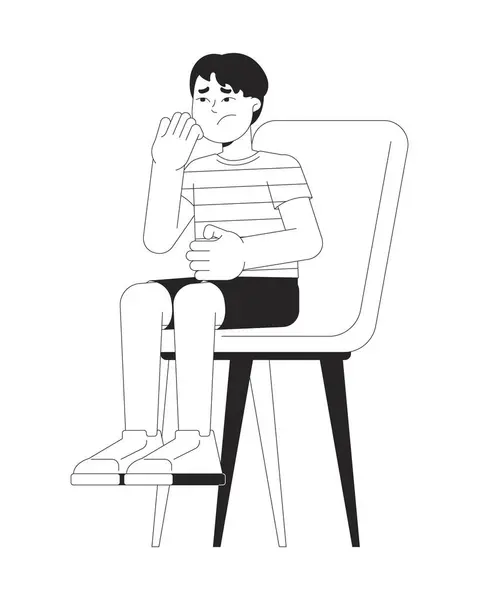 stock vector Sad little boy sitting on chair black and white 2D line cartoon character. Nervous child waiting on seat isolated vector outline person. Kid suffering from stress monochromatic flat spot illustration