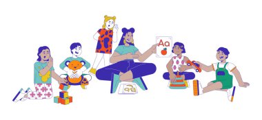 Anaokulundaki 2D çizgi film karakterlerine mektup tanıma kartı gösteren kadın öğretmen. İspanyol kadın çocuklara izole edilmiş düz vektör insanlar beyaz arka plan öğretiyor. Çocuk odası renk çizimi