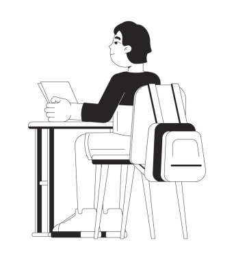 Masada oturan özenli Asyalı öğrenci siyah beyaz çizgi film karakteri. Japon okul çocuğu izole edilmiş vektör hatlarını tutuyor. Masa öğrencisi çocuk monokromatik leke çizimi