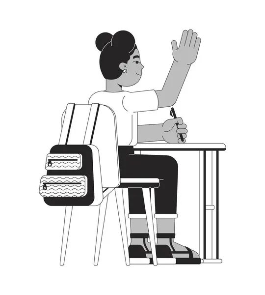 stock vector African american schoolgirl hand raising black and white 2D line cartoon character. Sitting at desk schoolchild isolated vector outline person. Black girl asking monochromatic spot illustration