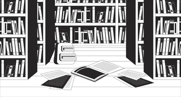 stock vector Books shelves library empty black and white line illustration. Rucksack notebooks scattered on floor 2D interior monochrome backdrop. Schoolbag homework papers bookshop bookstore outline vector