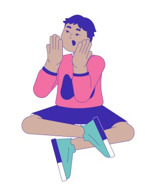 Açık ağızlı çocuk 2D çizgi film karakterine tepki veriyor. Şok olmuş çocuk. Ergen şaşırdı. Ortadoğulu erkek çocuk beyaz arka planda izole edilmiş düz bir insan vektörünü hayrete düşürdü. Benek illüstrasyonu renkli